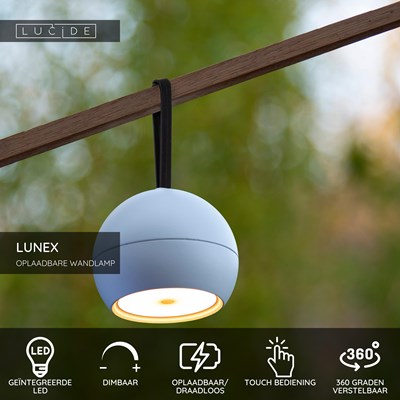 Lucide LUNEX - Oplaadbare Wandlamp Binnen/Buiten - Accu/Batterij - LED Dimb. - 1x2W 3000K - IP54 - Magnetisch - Wit